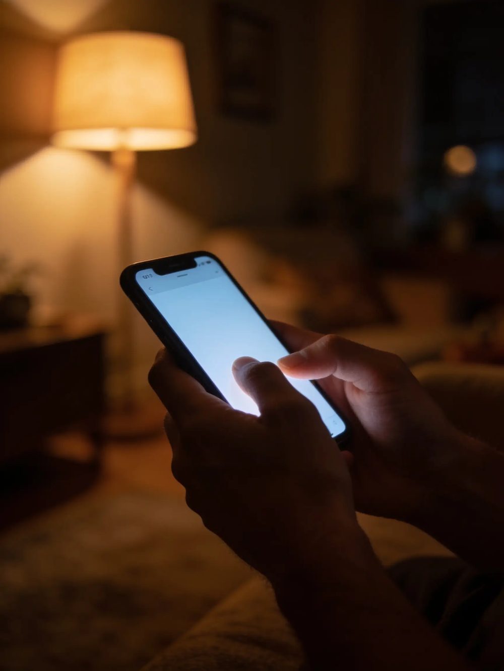 Hands holding a smartphone in a dimly lit living room at night