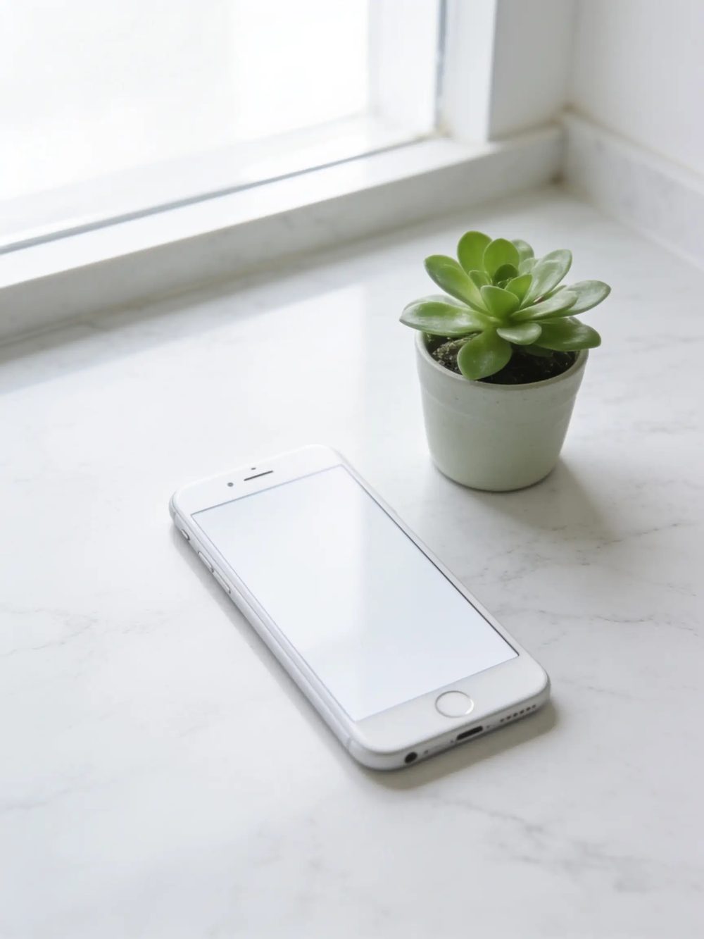 A white smartphone on a pale marble counter in bright daylight
