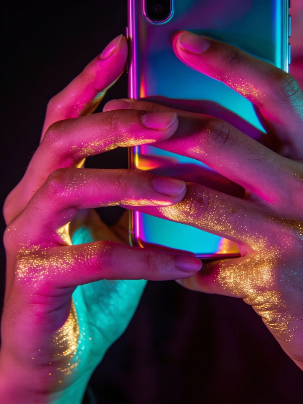 Hands holding a phone sideways, coloured game light across the fingers