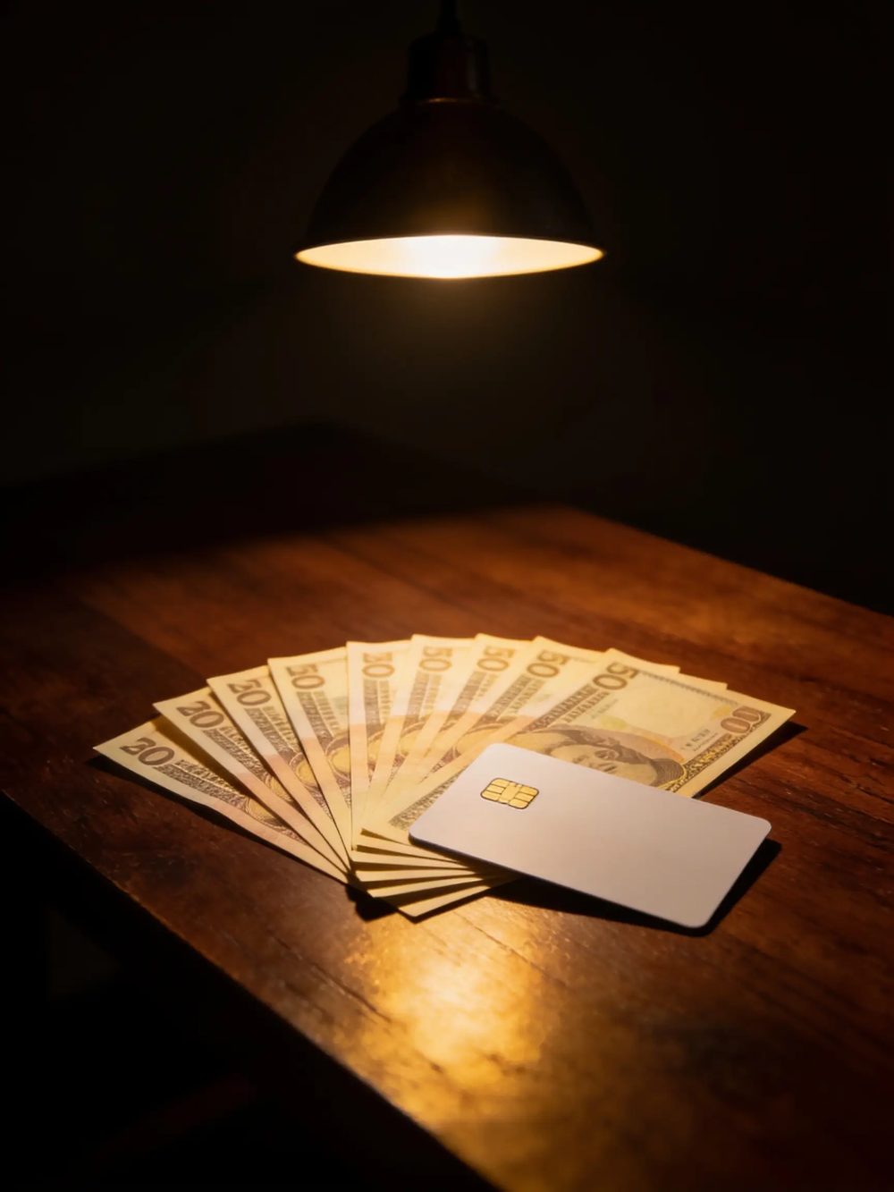 Banknotes and a blank bank card on a dark table under a pendant lamp