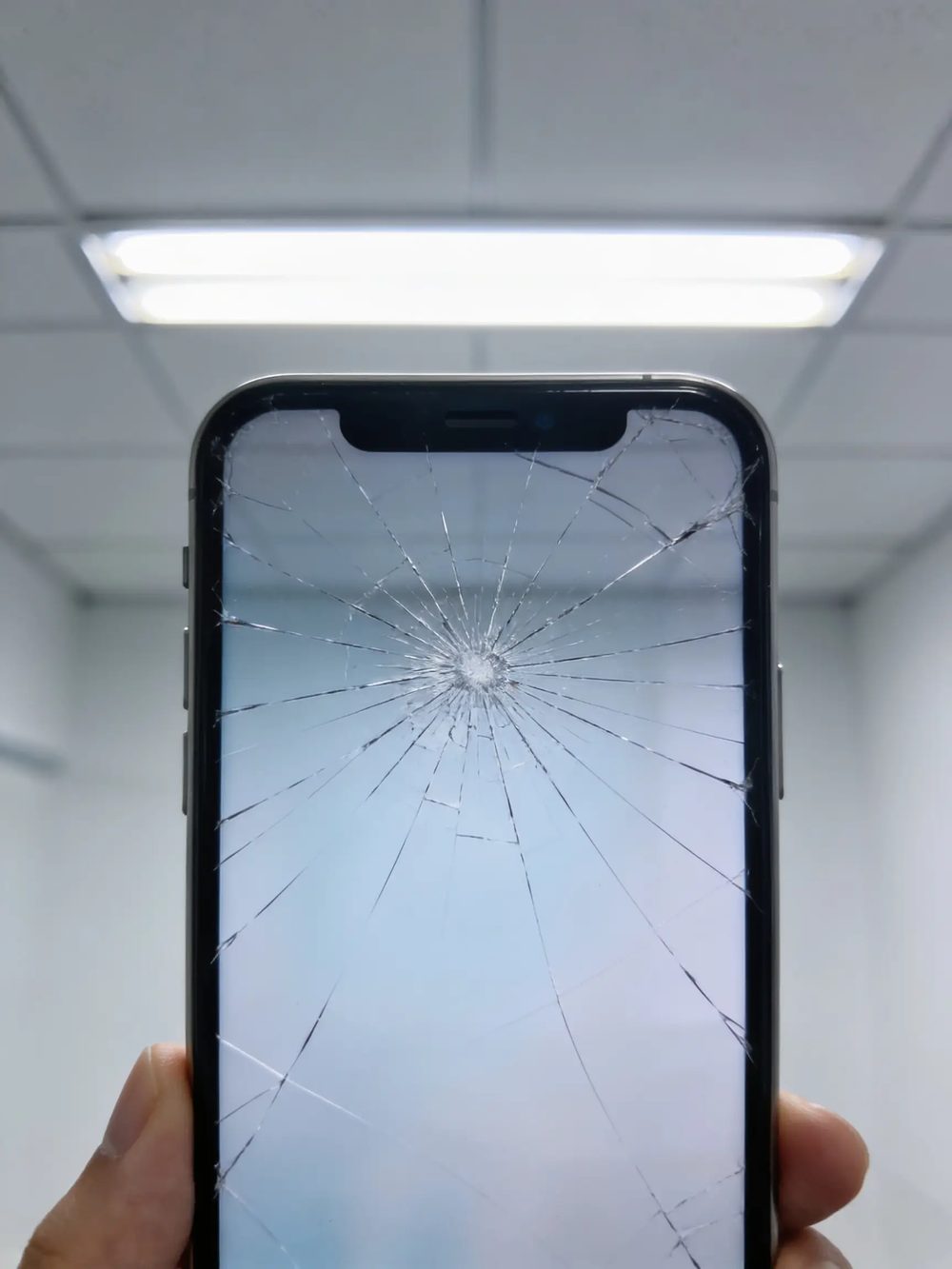 A smartphone with a cracked screen under harsh fluorescent light