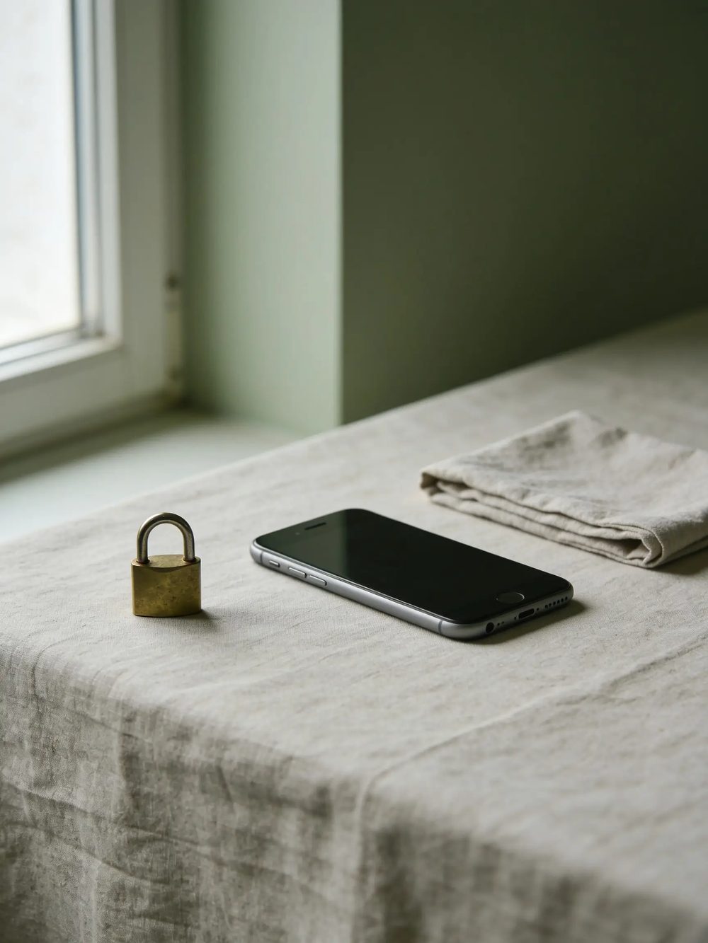 A phone face down on pale linen beside a small brass padlock