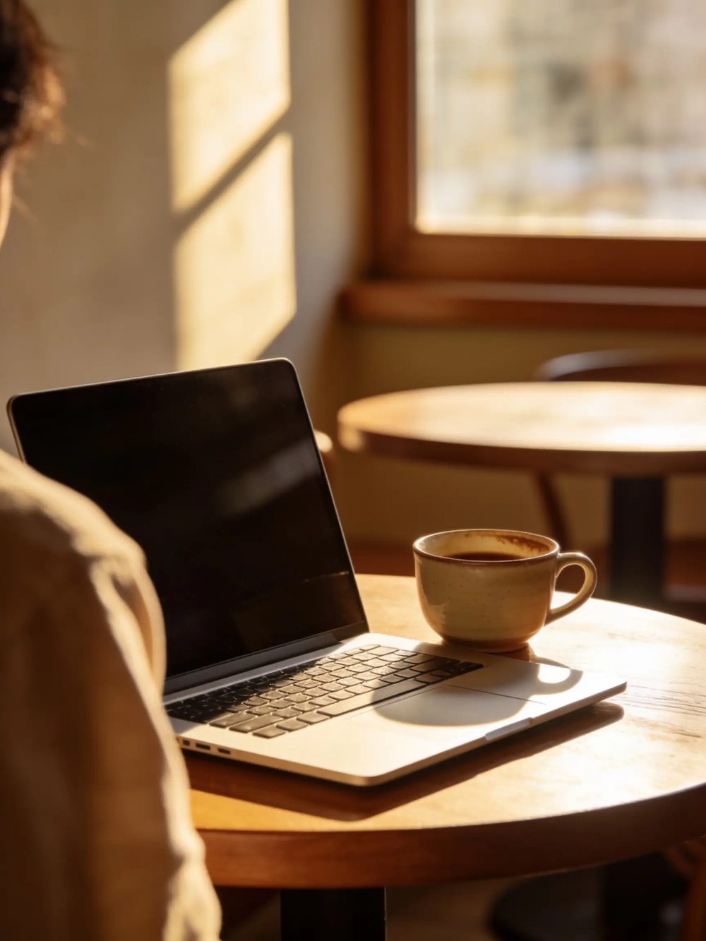 An open laptop and a coffee cup on a sunlit cafe table