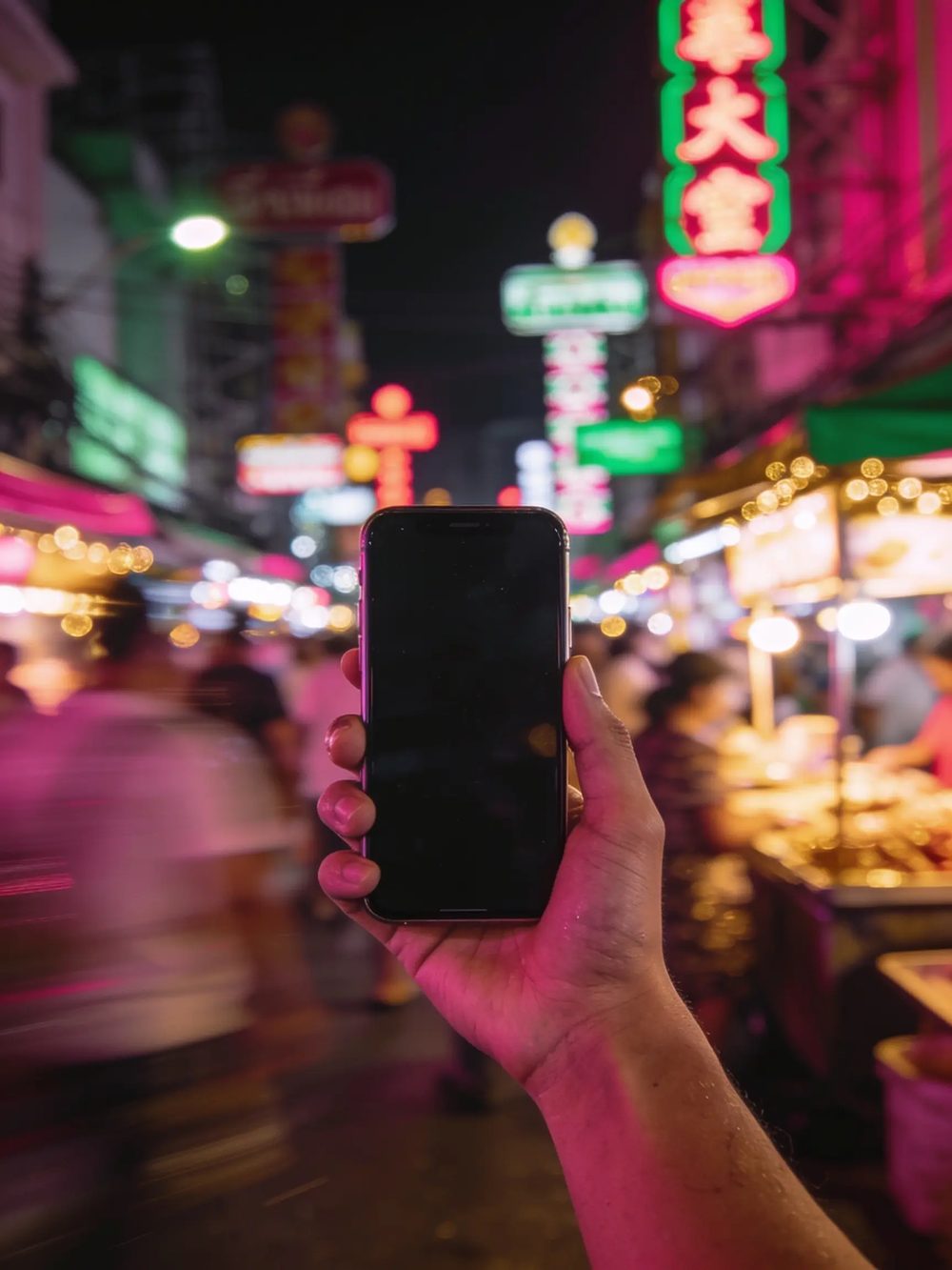 A phone held up in a neon-lit night market street